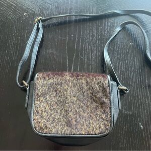 Small Black Faux Leather w/ fur animal print crossbody Bag flap closure 4.5x6.5